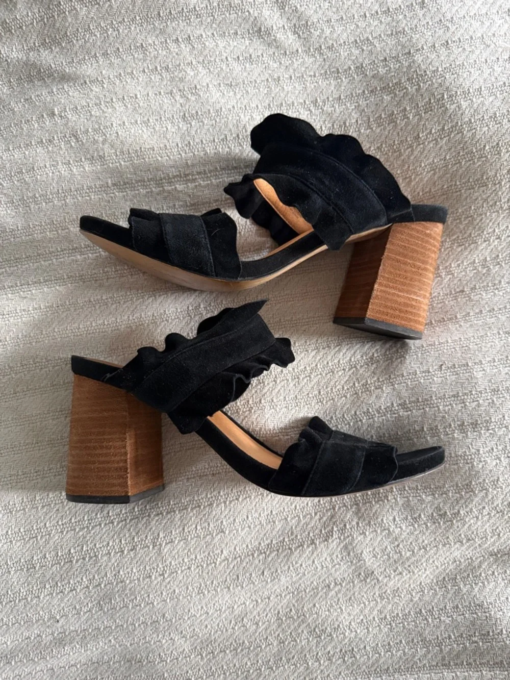 Free People Black Suede Ruffle Block Heel Sandals - Picture 1 of 3